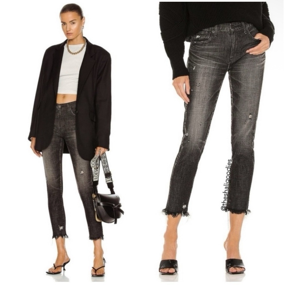 Moussy Vintage Staley Tapered Straight Leg Raw Hem Jeans in Black Size 27